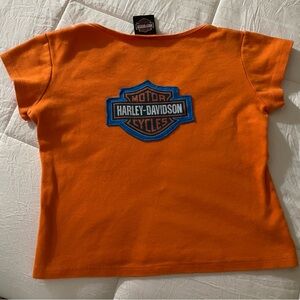 Harley Davidson Motorcycles Orange V Neck Baby Tee Style Tshirt Womens Size S